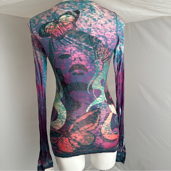 GO Jeans Los Angeles multicolor butterfly print burnout long sleeve t-shirt - Picture 4 of 10